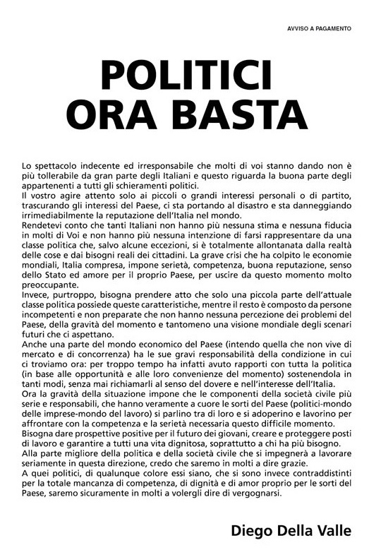 “Politici ora basta!” L’imprenditore Diego Della Valle lancia un appello sui giornali