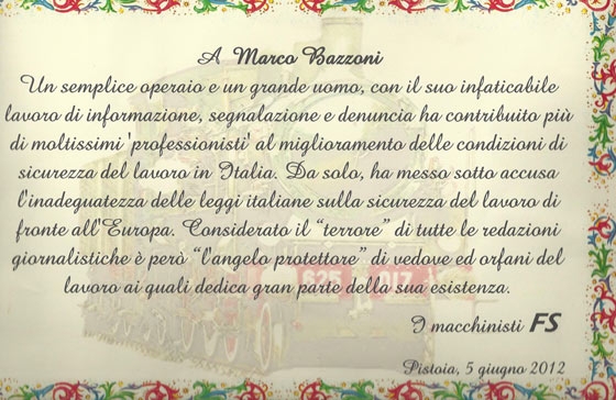 Lavoro. Un riconoscimento a Marco Bazzoni dai macchinisti delle FS