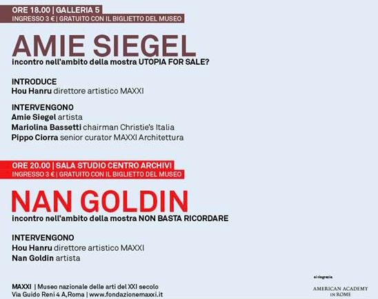 MAXXI. Incontri d’artista. Sabato 22 marzo, Amie Siegel e Nan Goldin