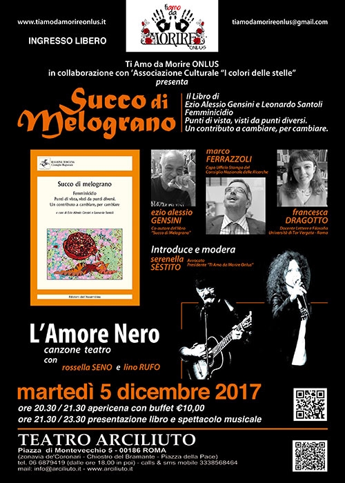 Roma. Teatro dell’Arciliuto, presentazione del libro sul femminicidio “Succo di Melograno”