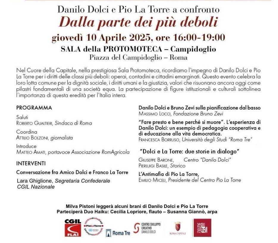 Sala della Protomoteca in Campidoglio. Il 10 aprile convegno su Danilo Dolci e Pio La Torre